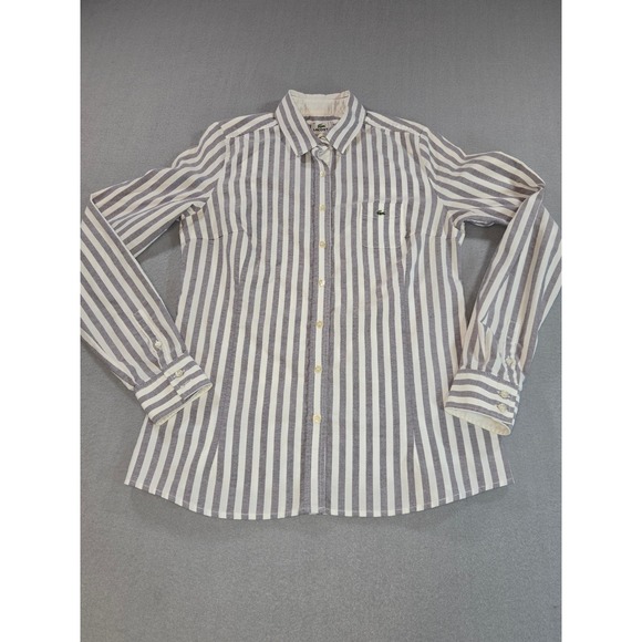 Lacoste Tops - Lacoste Button Down Shirt Womens 40 Grey White Striped Long Sleeve Logo France